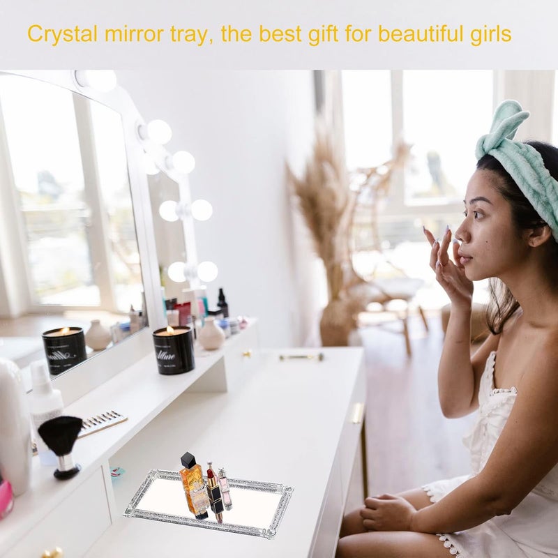 LFGKeng Crystal Glass Serving Tray, Crushed Diamond Filled Modern Glass Mirror Jewelry Trinket Tray, 13.7" x 5.9" Rectangular Makeup Perfume Tray for Bedroom Dresser, Home Decor, Banquet,Party(Silver) - Image 2